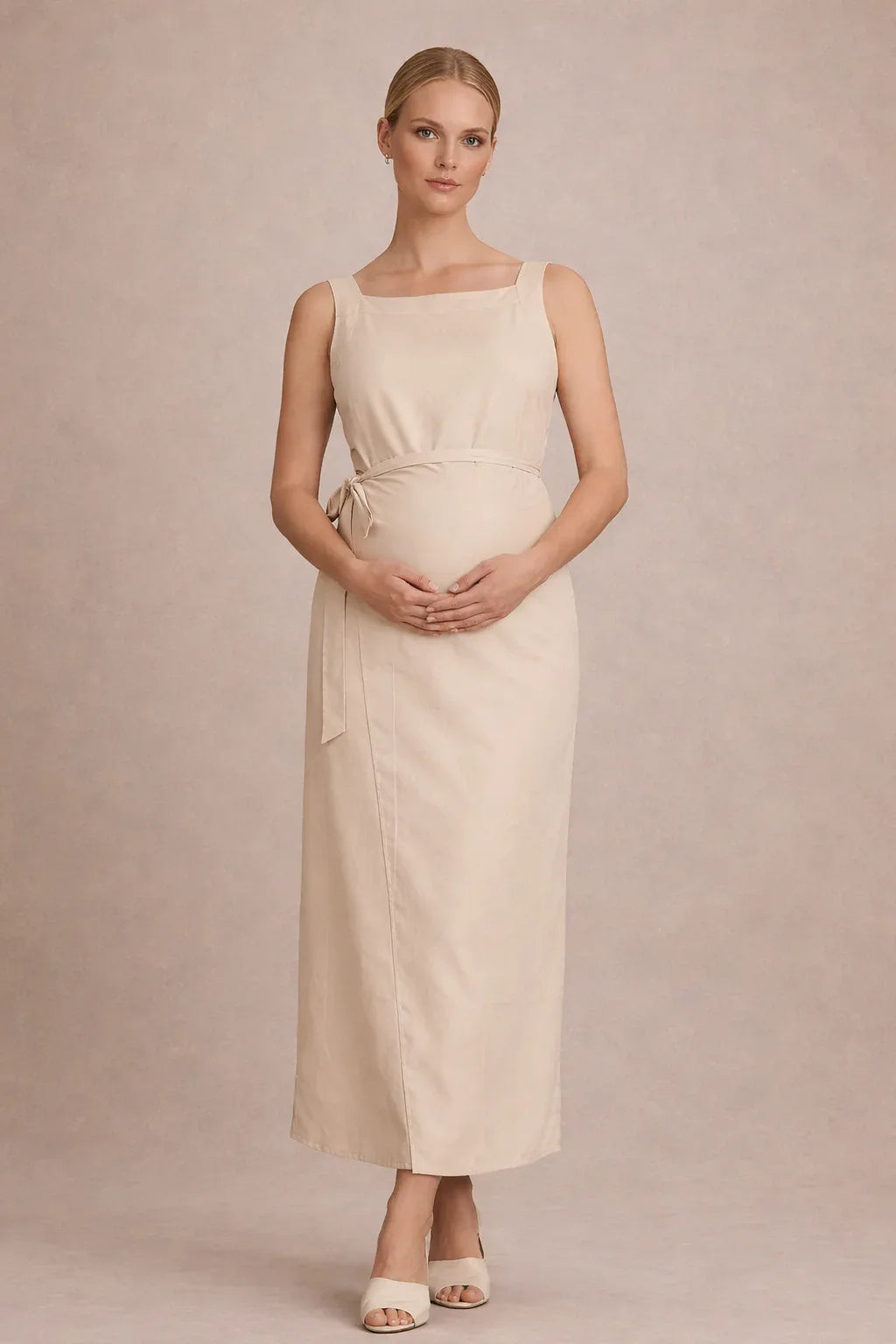 Robe midi de maternité – Robe de grossesse sans manches à taille empire et ceinture à nouer 6