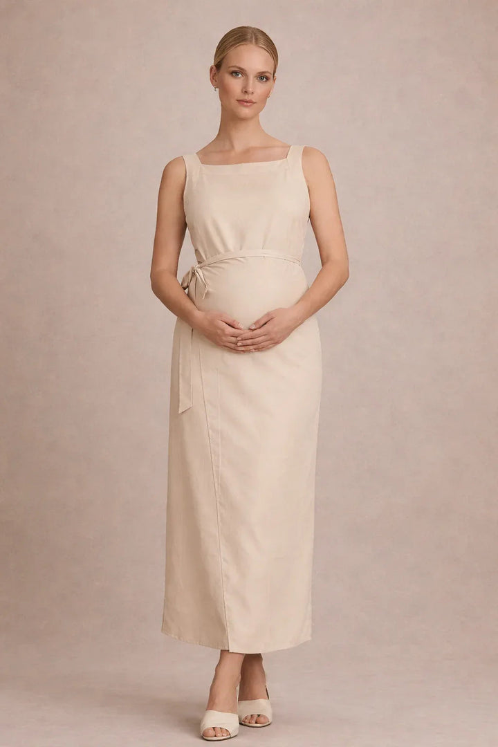 Robe midi de maternité – Robe de grossesse sans manches à taille empire et ceinture à nouer 6