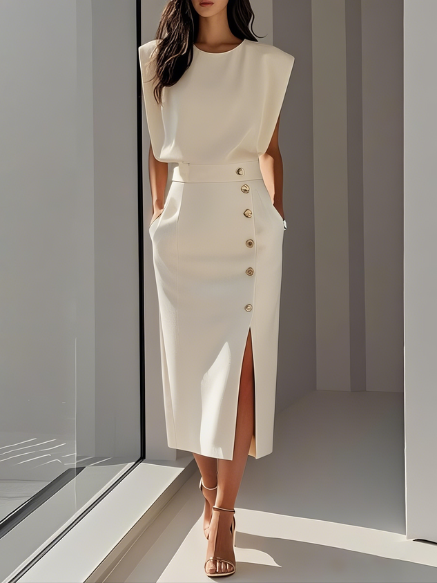 Robe midi femme | Col rond et ouverture boutonnée 0