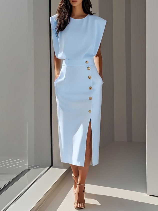 Robe midi femme | Col rond et ouverture boutonnée 2