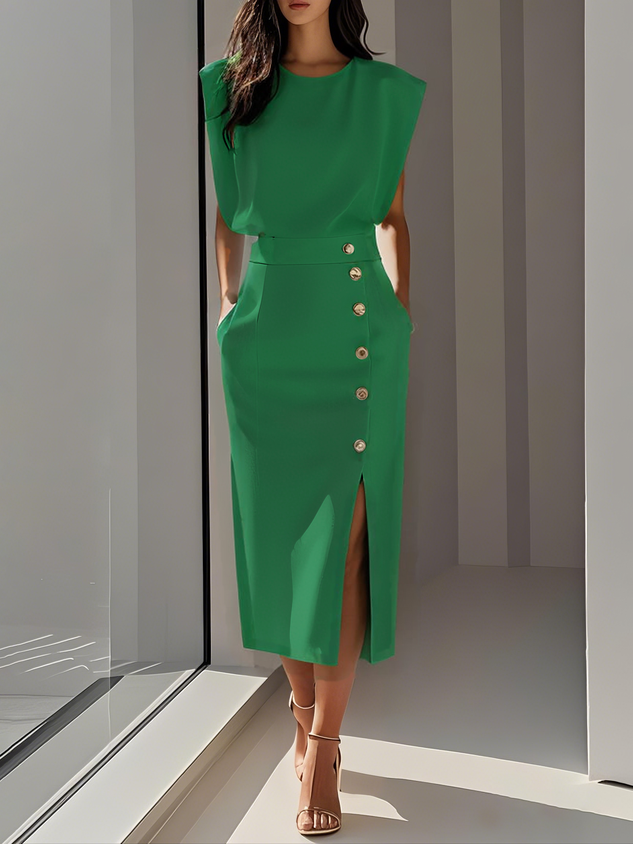 Robe midi femme | Col rond et ouverture boutonnée 3