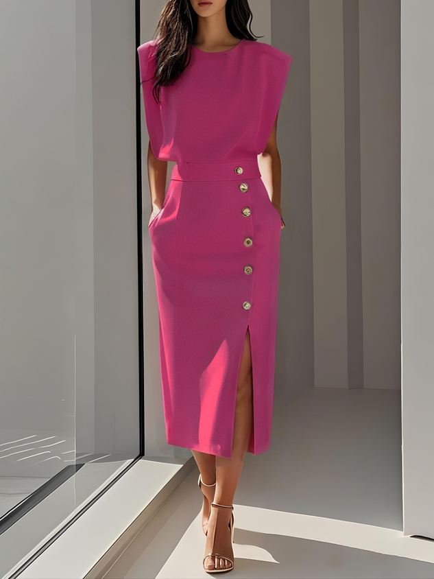 Robe midi femme | Col rond et ouverture boutonnée 6