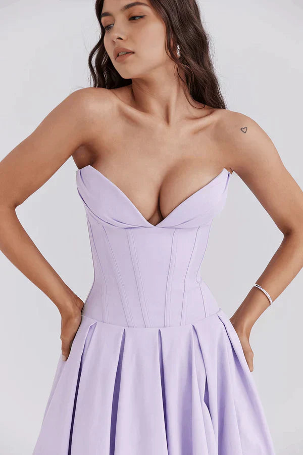 Robe midi femme corset bustier sans bretelles col cœur