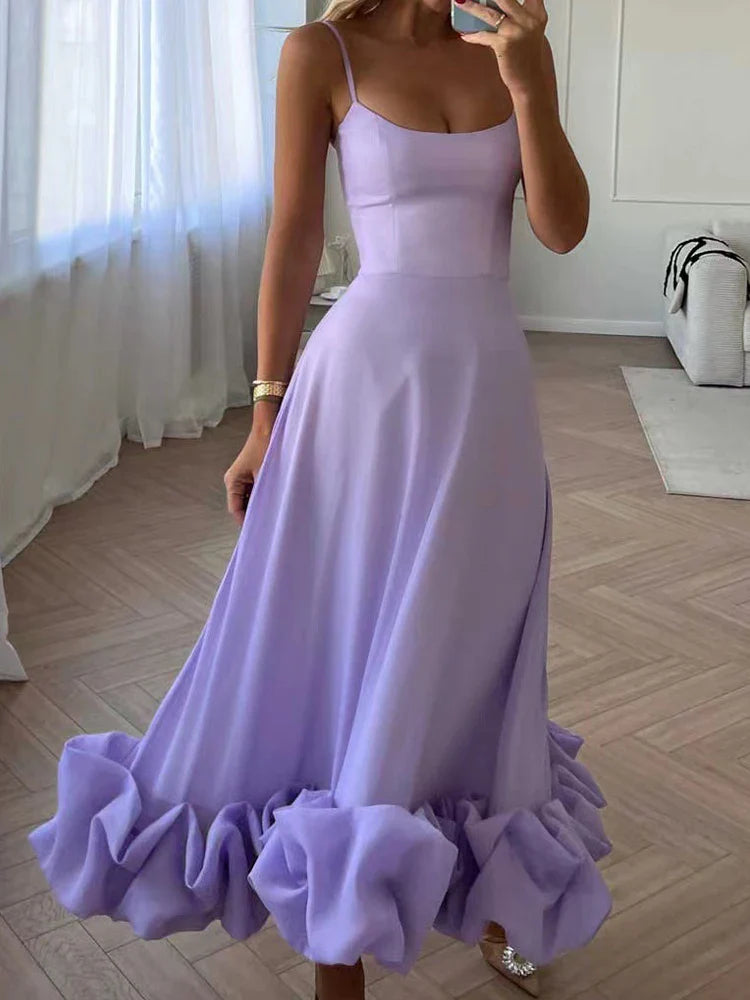 Robe midi pour femme avec bretelles et volants 0