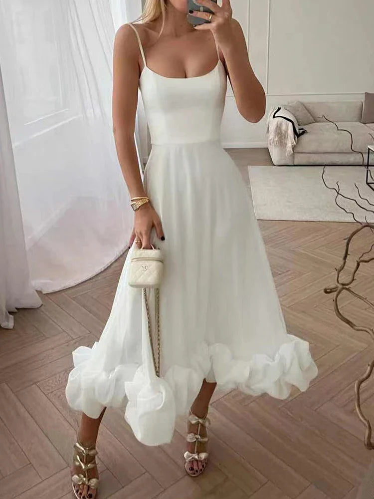 Robe midi pour femme avec bretelles et volants 1