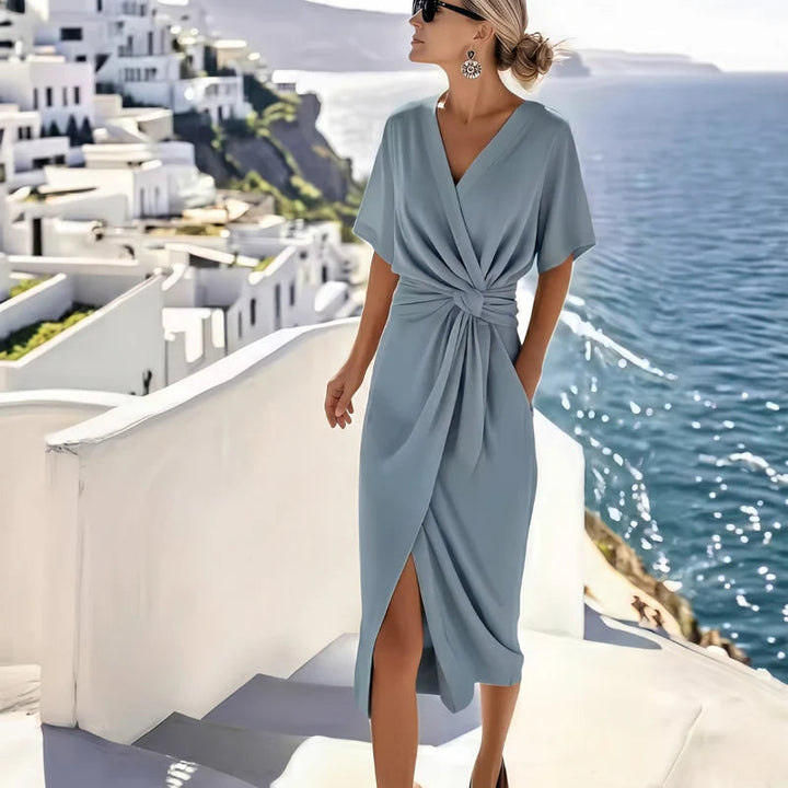 Robe portefeuille midi Amberly pour femme | Robe à col V, manches courtes et ceinture à nouer 0