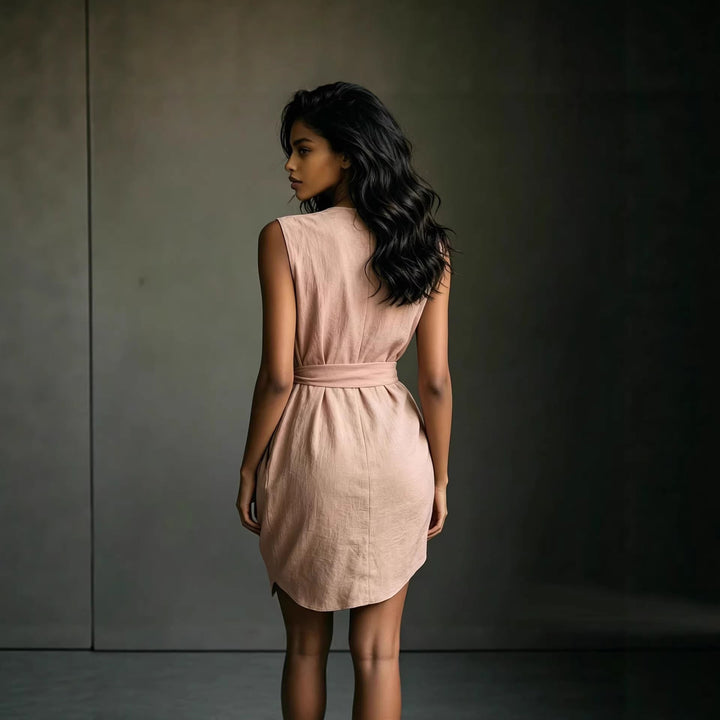 Robe portefeuille sans manches à col en V, aspect lin élégant pour femme | Garti 1