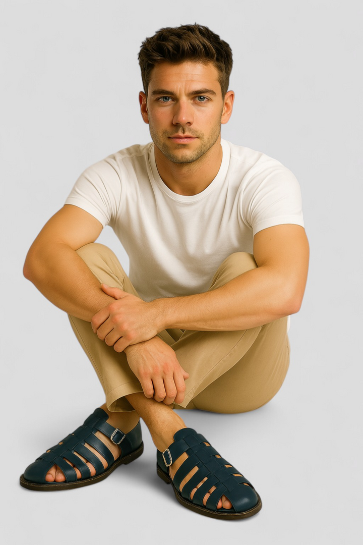 Sandales classiques pour hommes en cuir véritable noir, confortables avec boucle réglable et respirantes 5