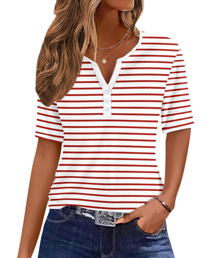 T-shirt élégant pour femme Wren – Haut Henley d'été à col en V, boutons, manches courtes 13