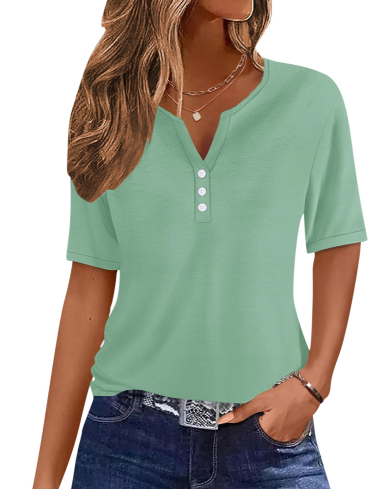 T-shirt élégant pour femme Wren – Haut Henley d'été à col en V, boutons, manches courtes 7
