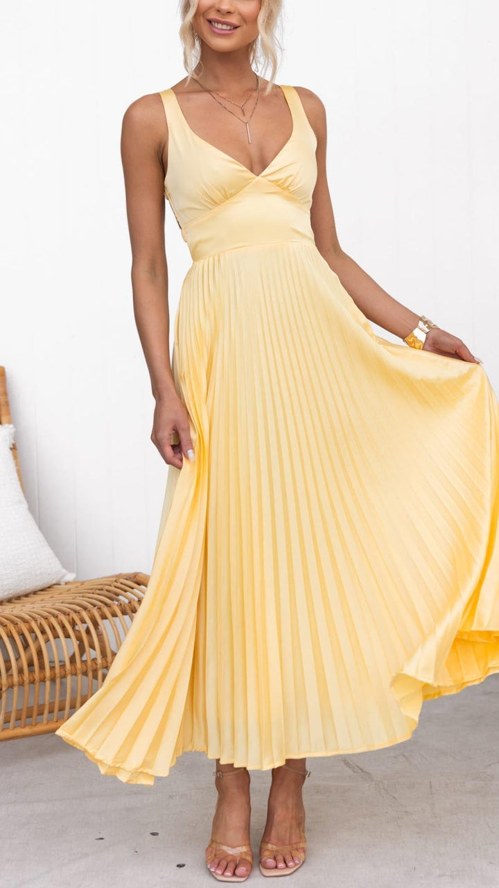 Aby | Robe Maxi Plissée Jaune avec Décolleté en V
