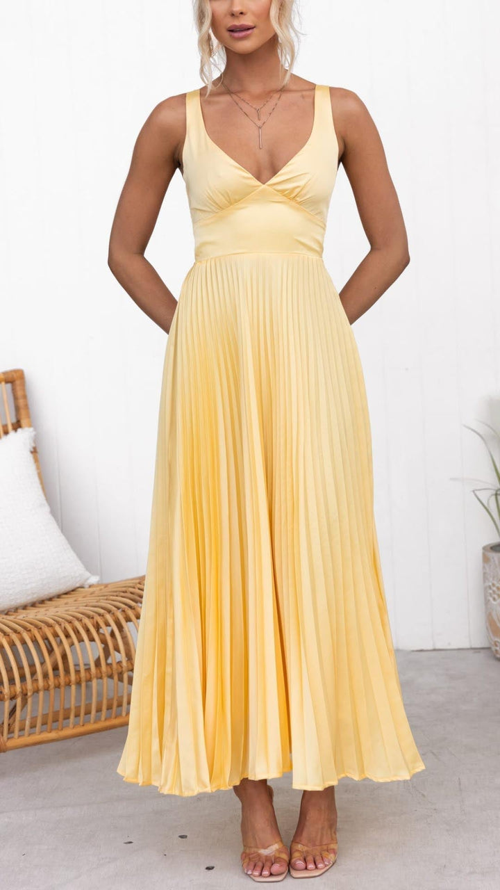 Aby | Robe Maxi Plissée Jaune avec Décolleté en V