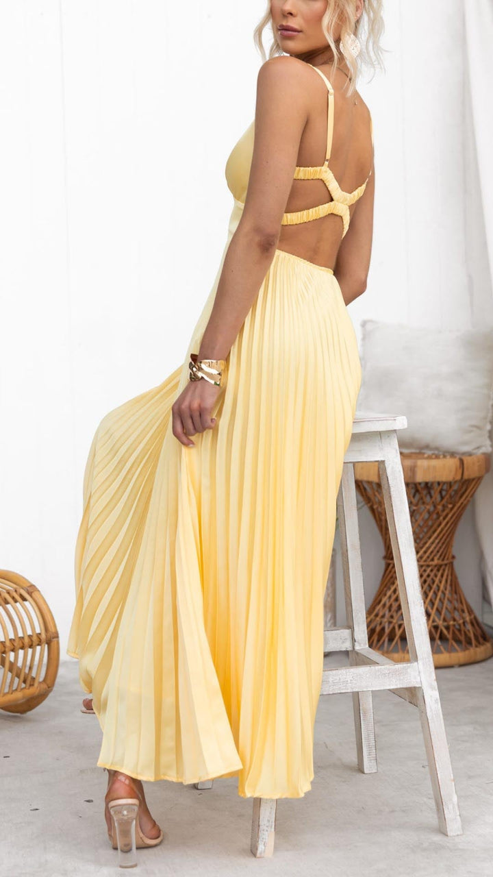 Aby | Robe Maxi Plissée Jaune avec Décolleté en V