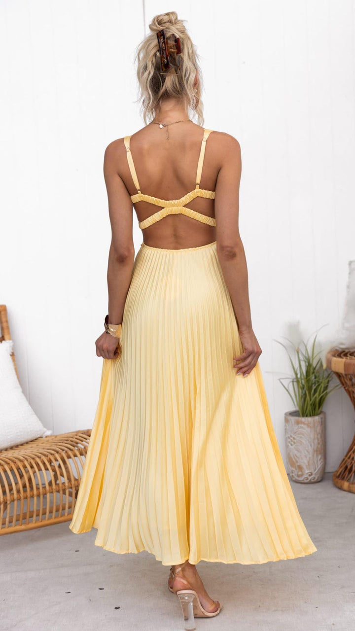Aby | Robe Maxi Plissée Jaune avec Décolleté en V