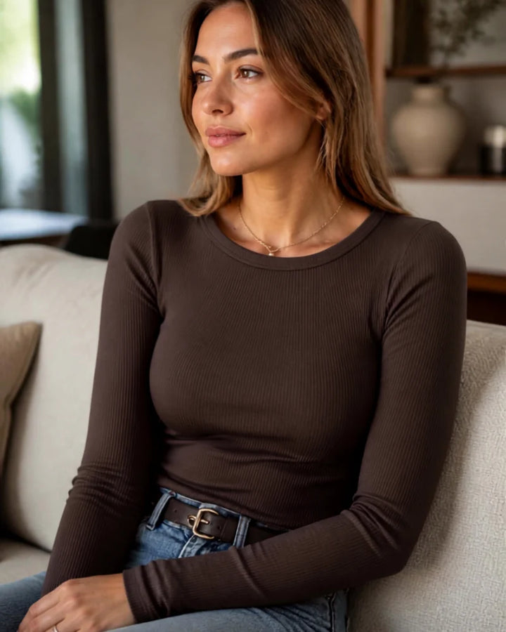 Talia Haut Côtelé Femme | Coupe Ajustée, Col Rond, Manches Longues 12