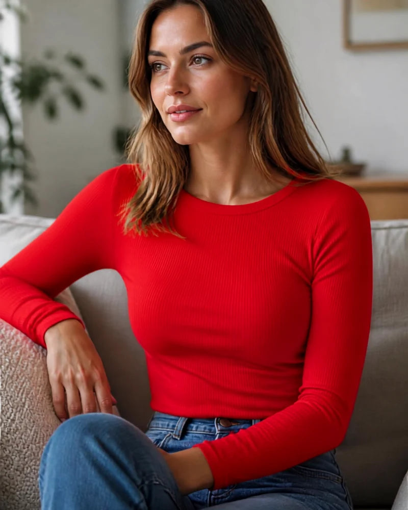 Talia Haut Côtelé Femme | Coupe Ajustée, Col Rond, Manches Longues 9