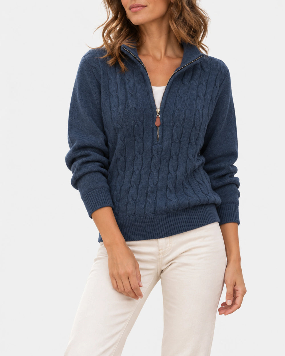 Talia Pull Femme | Maille Torsadée, Col Zippé 1