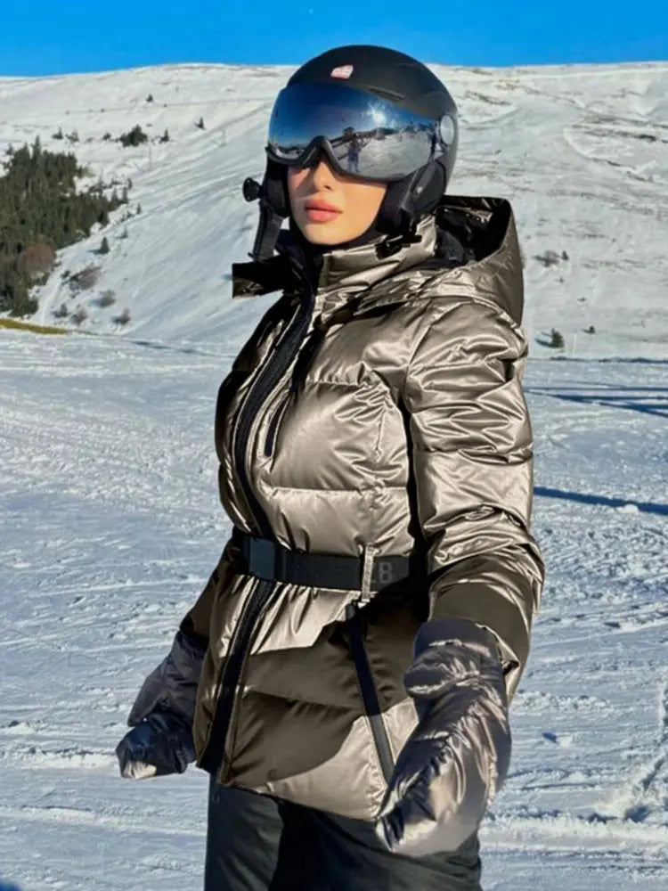 Veste de ski ceinturée pour femme | Veste d’hiver matelassée à capuche