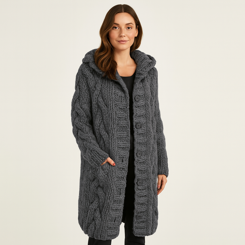 Veste longue pour femme | Manteau tricoté à capuche ouverte
