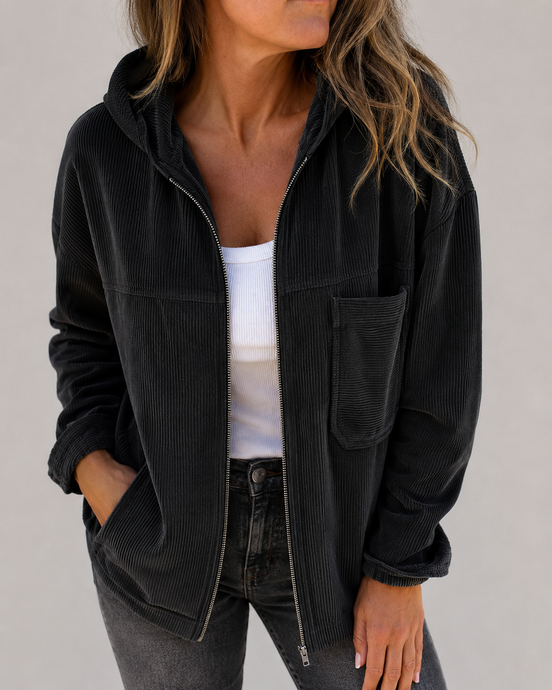 veste à capuche zippée pour femmes | coupe décontractée texture côtelée
