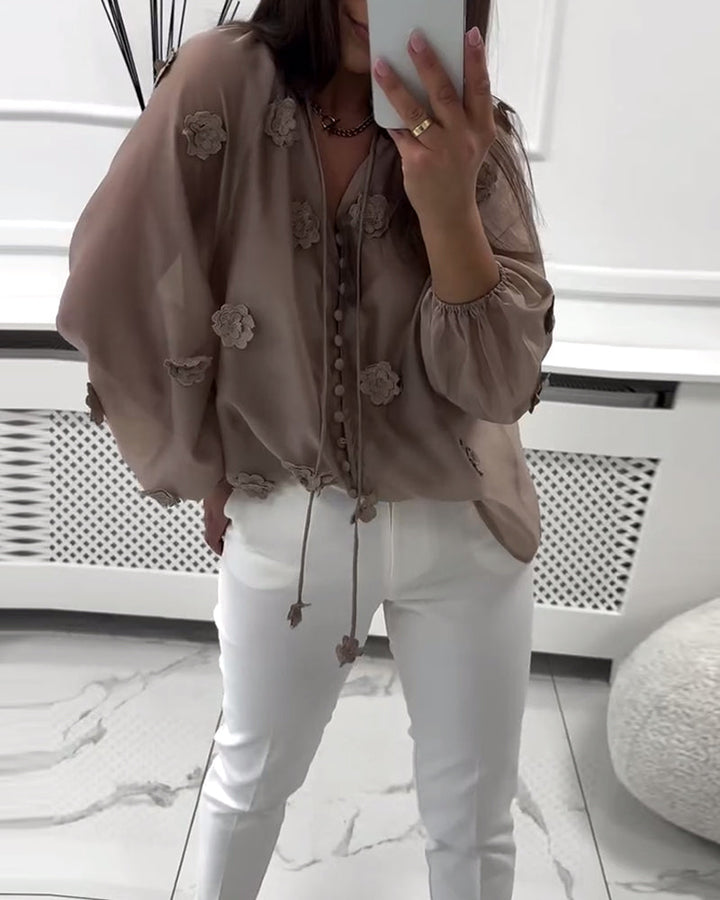 Blouse Unie Fleurs 3D avec Lacets