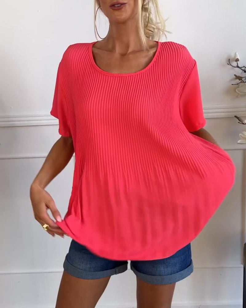 Uni Plissé Round Neck Blouse