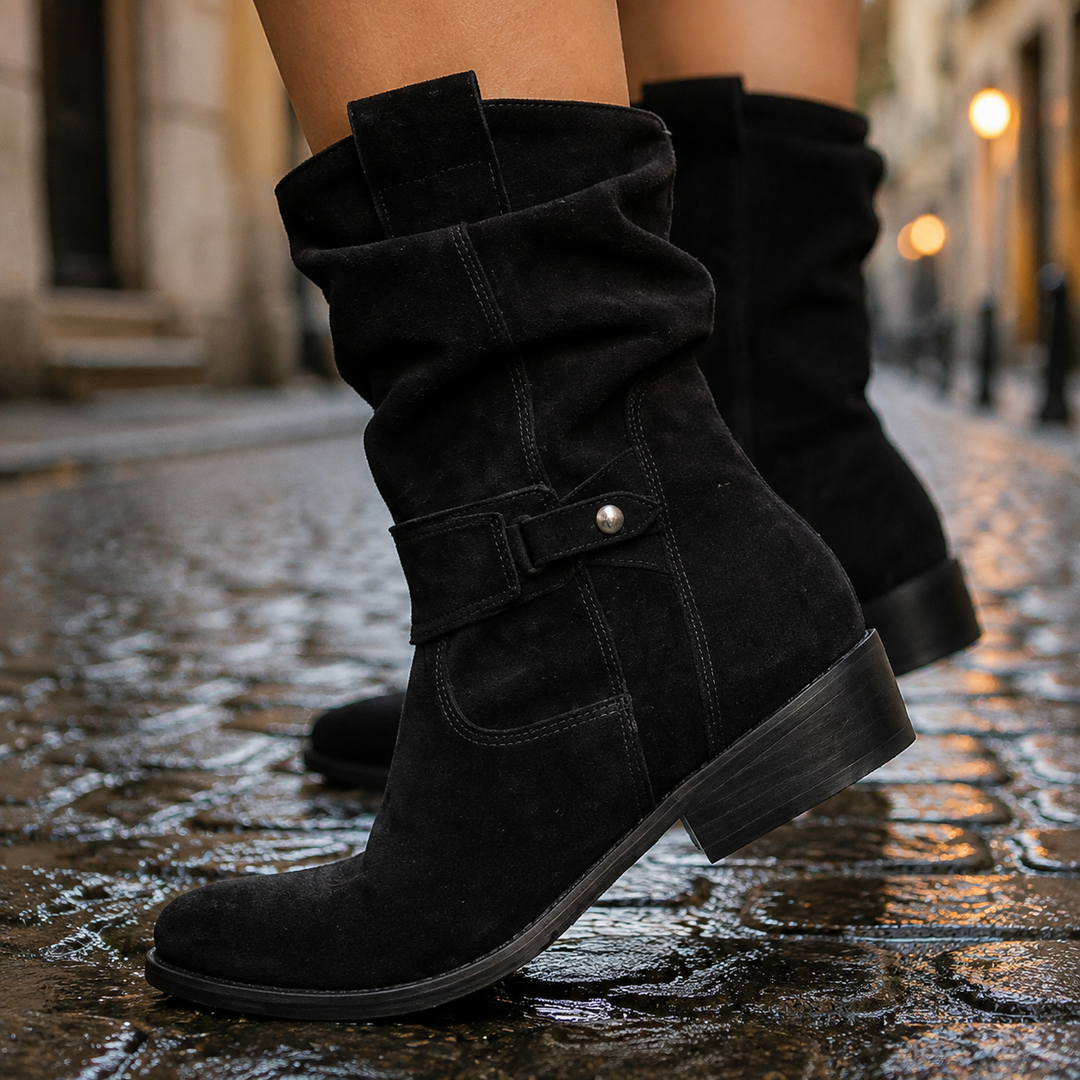 Czarne ocieplane kozaki Brigitte, detal zamszu