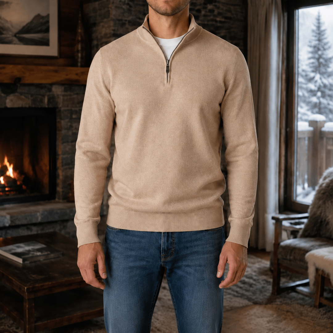 Męski sweter Bruno w kolorze khaki, naturalny kadr z brodą, widok z przodu