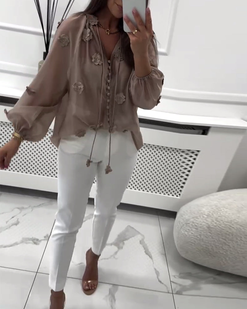 Blouse Unie Fleurs 3D avec Lacets