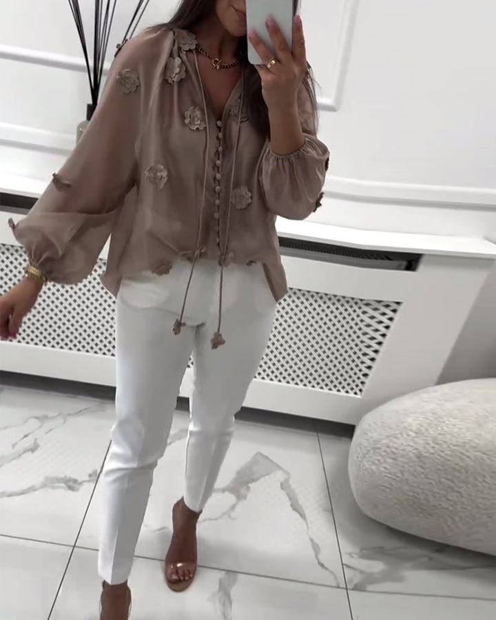 Blouse Unie Fleurs 3D avec Lacets