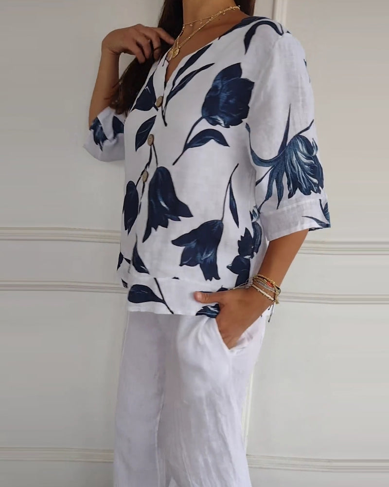 Chemisier en coton et lin à imprimé floral