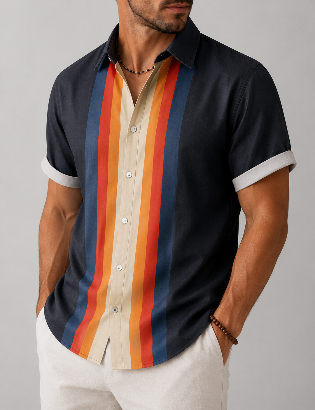 Chemise homme manches courtes coupe droite motif rayé