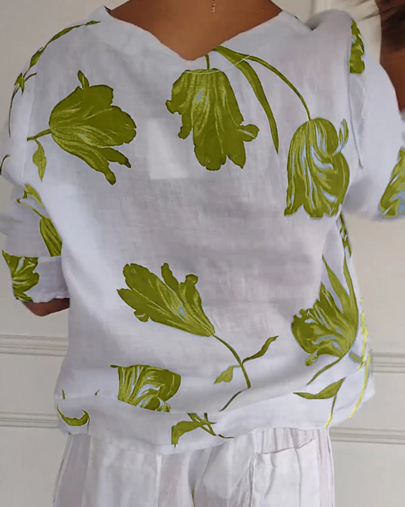 Chemisier en coton et lin à imprimé floral