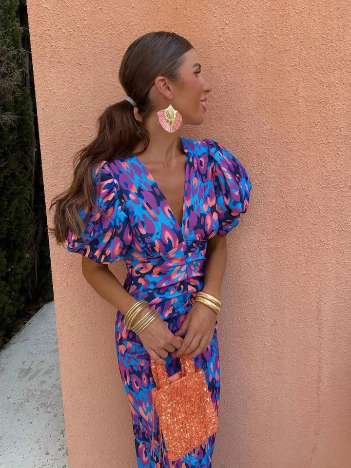 Arielle™ | Robe Midi Colorée avec Manches Plissées