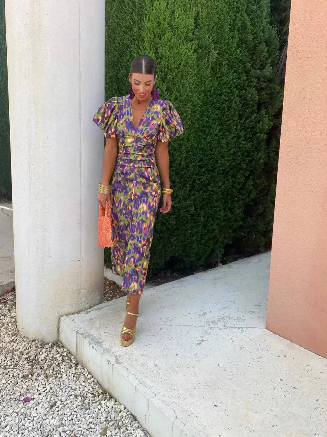 Arielle™ | Robe Midi Colorée avec Manches Plissées