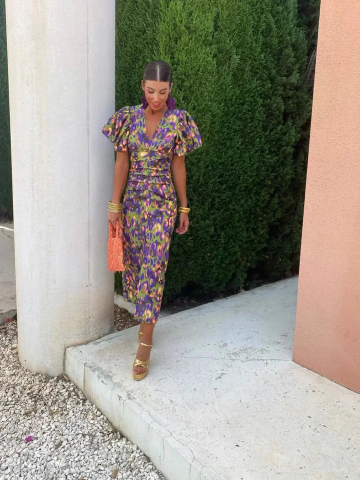 Arielle™ | Robe Midi Colorée avec Manches Plissées