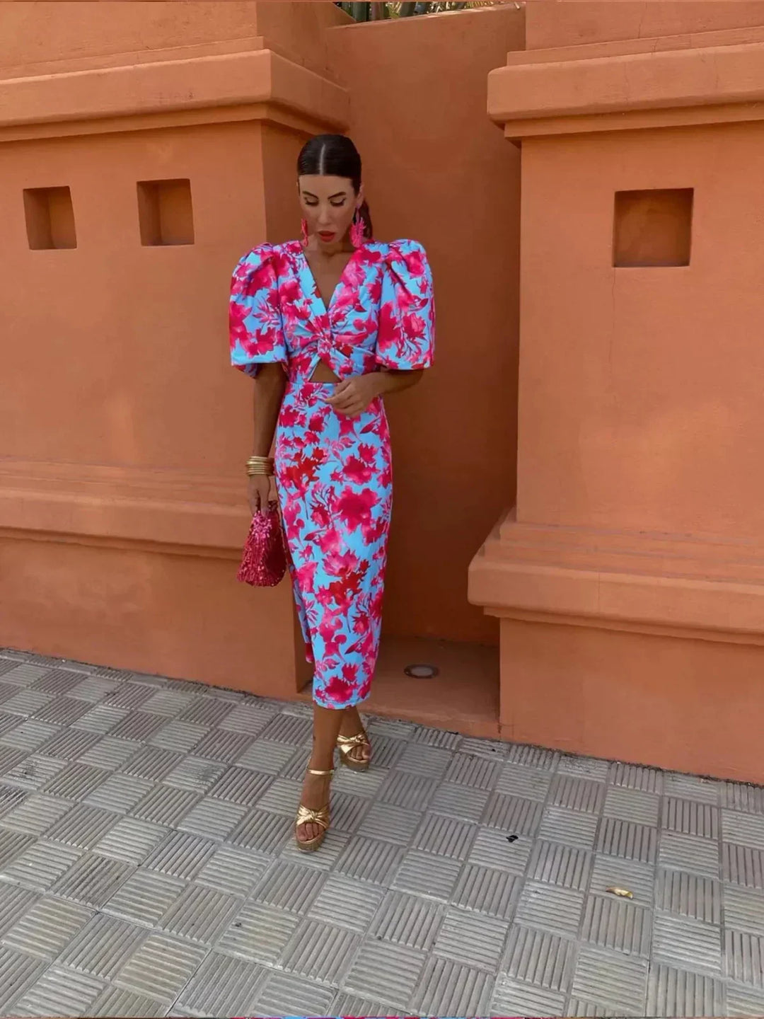 Arielle™ | Robe Midi Colorée avec Manches Plissées