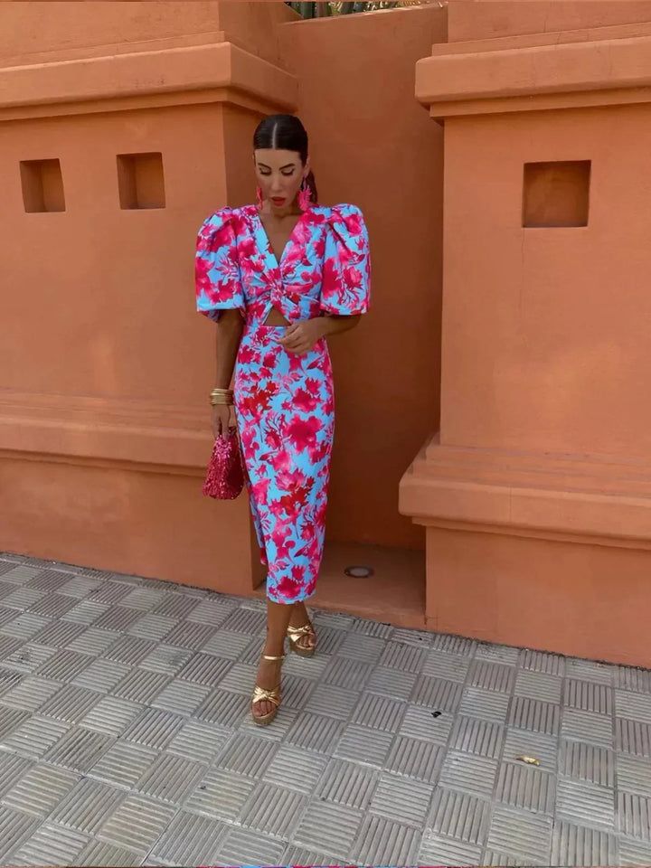 Arielle™ | Robe Midi Colorée avec Manches Plissées