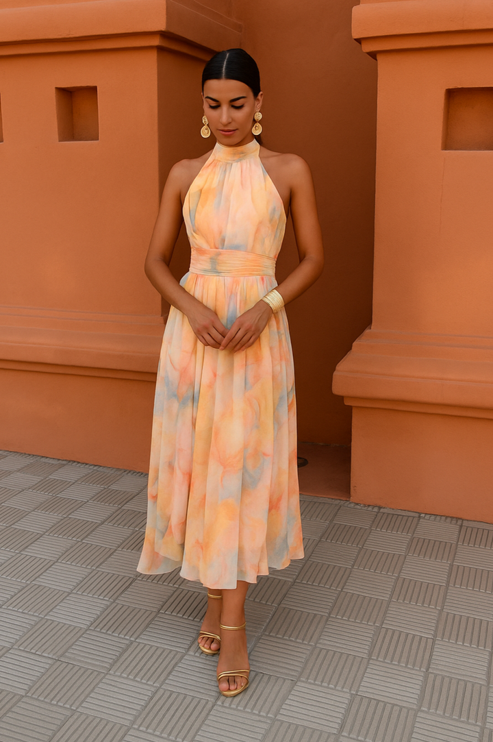 Klara | Robe Maxi avec Décolleté Halter et Motif Aquarelle